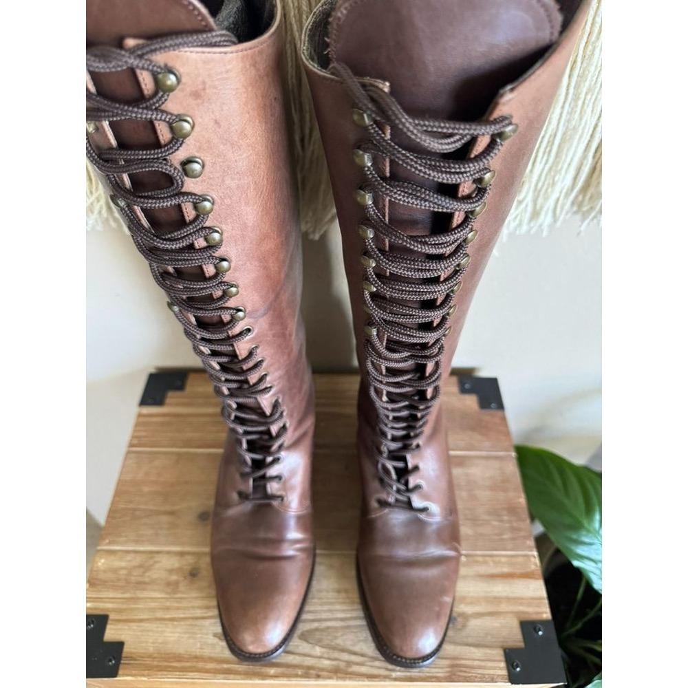 90s Vintage Charles David Brown Leather Lace Up Knee High Riding Boots Size 8 - Picture 4 of 16